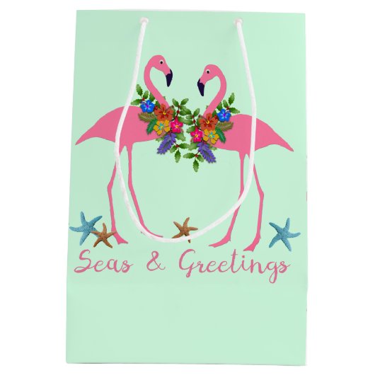 Seas n Greetings Pink Flamingos Weihnachtsminze Mittlere Geschenktüte (Rückseite)