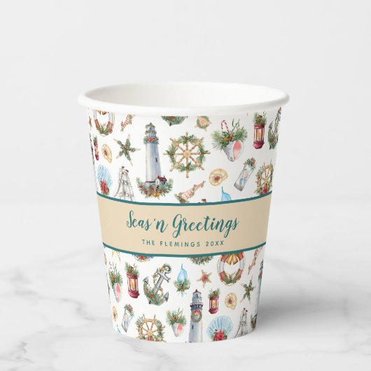 Seas n Grüße Weihnachten Nautical Personalisiert Pappbecher (Vorderseite)