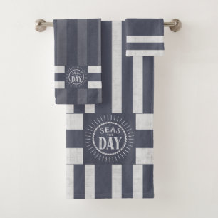 Seas the Day Denim Blue Striped Nautical Theme Badhandtuch Set