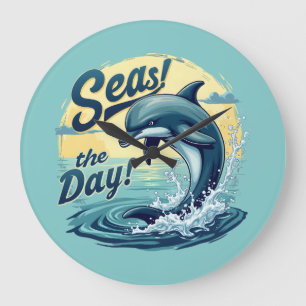 Seas the Day Retro Dolphin Ocean Ästhetik Große Wanduhr