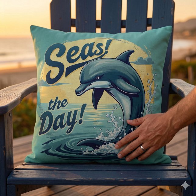 Seas the Day Retro Dolphin Ocean Ästhetik Kissen (Seas the Day Retro Dolphin Ocean Aesthetic Throw Pillow Mockup D)