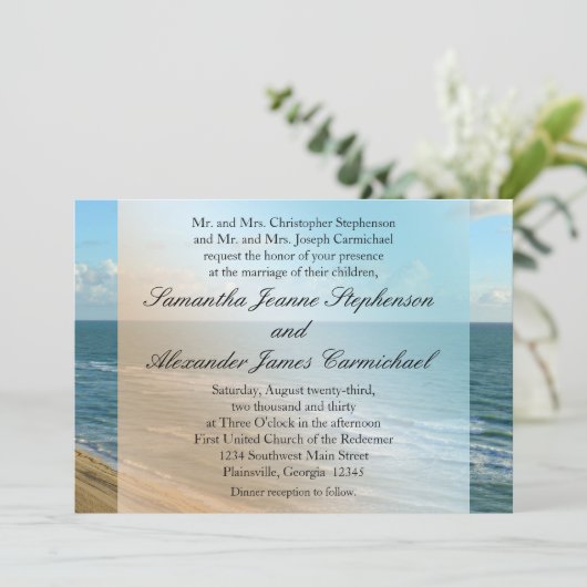 Seascape Beach Hochzeit Blue Ocean Einladung (Stehend Vorderseite)
