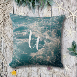 Seascape Caribbean Blue White Wave Wappen Monogram Kissen