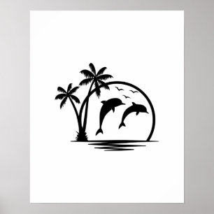Seascape Dolphin Jumping Palm Tree Ozean Poster