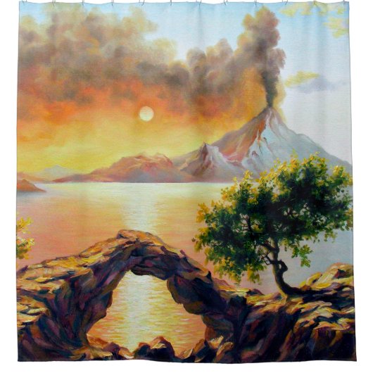 Seascape mit dem Ausbruch des Vulkans, Öl auf Duschvorhang (Vorderseite)