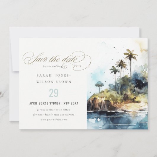 Seascape Palm Tree Island Wasserfarbenhochzeit Save The Date (Vorderseite)