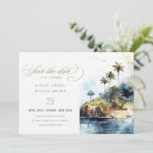 Seascape Palm Tree Island Wasserfarbenhochzeit Save The Date (Stehend Vorderseite)