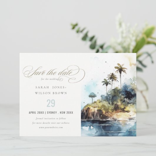 Seascape Palm Tree Island Wasserfarbenhochzeit Save The Date (Stehend Vorderseite)