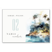 Seascape Palm Tree Island Wasserfarbenhochzeit Tischnummer (Rückseite)