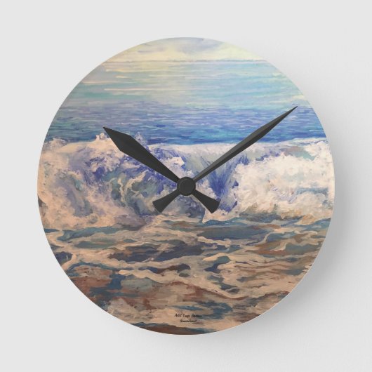 Seascape Waves Original Handgemalte Kunst Runde Wanduhr (Vorderseite)