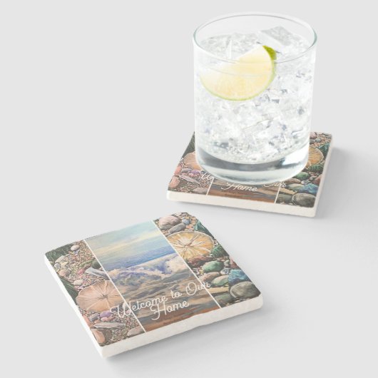  Seascape Welcome  Blue Personalize Print  Steinuntersetzer (Seitenansicht)