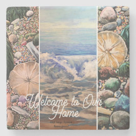Seascape Welcome Blue Personalize Print Steinuntersetzer