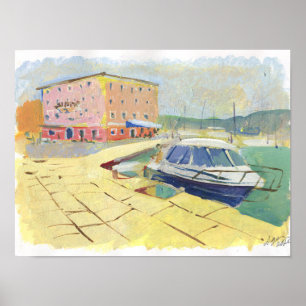 seascape with embankment and boat poster