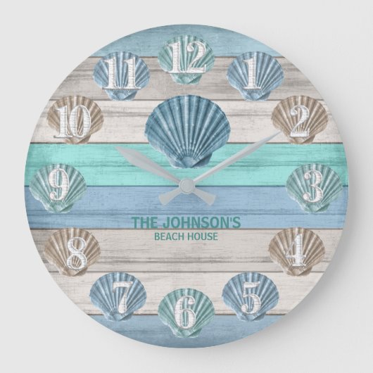 Seashell and Beach Wood Nautical - Blau Aquamarin Große Wanduhr (Vorderseite)