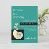 Seashell and Hearts, Beach Wedding Einladung (Stehend Vorderseite)