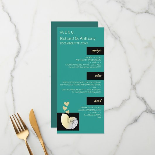 Seashell and Hearts, Beach Wedding Menu Menükarte (Vorderseite/Rückseite Beispiel)