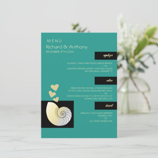 Seashell and Hearts, Beach Wedding Menükarte (Stehend Vorderseite)