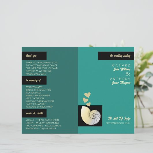 Seashell and Hearts, Beach Wedding Program (Stehend Vorderseite)