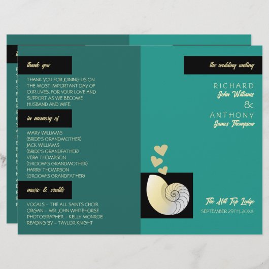 Seashell and Hearts, Beach Wedding Program (Vorne/Hinten)