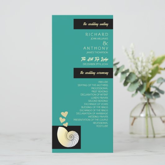 Seashell and Hearts, Beach Wedding Programm (Stehend Vorderseite)