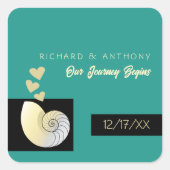 Seashell and Hearts, Beach Wedding Quadratischer Aufkleber (Vorderseite)