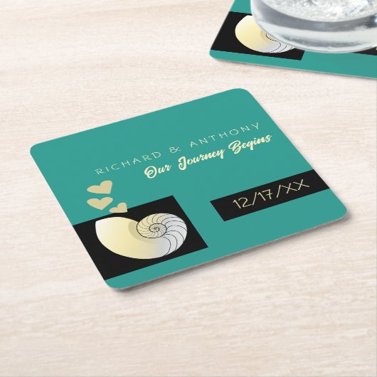 Seashell and Hearts, Beach Wedding Rechteckiger Pappuntersetzer (angewinkelt)