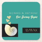 Seashell and Hearts, Beach Wedding Rechteckiger Pappuntersetzer (Vorderseite)