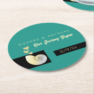 Seashell and Hearts, Beach Wedding Runder Pappuntersetzer