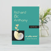 Seashell and Hearts, Beach Wedding Save The Date (Stehend Vorderseite)