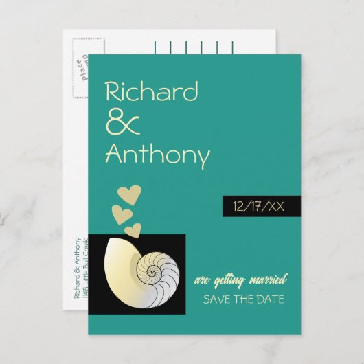 Seashell and Hearts, Beach Wedding Save the Date Ankündigungspostkarte (Vorne/Hinten)