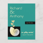 Seashell and Hearts, Beach Wedding Save the Date Ankündigungspostkarte (Vorderseite)