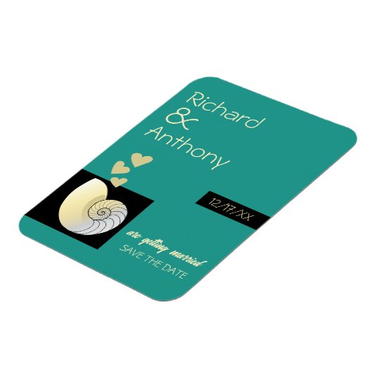 Seashell and Hearts, Beach Wedding Save the Date Magnet (Linke Seite)