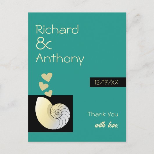 Seashell and Hearts, Beach Wedding Vielen Dank Postkarte (Vorderseite)