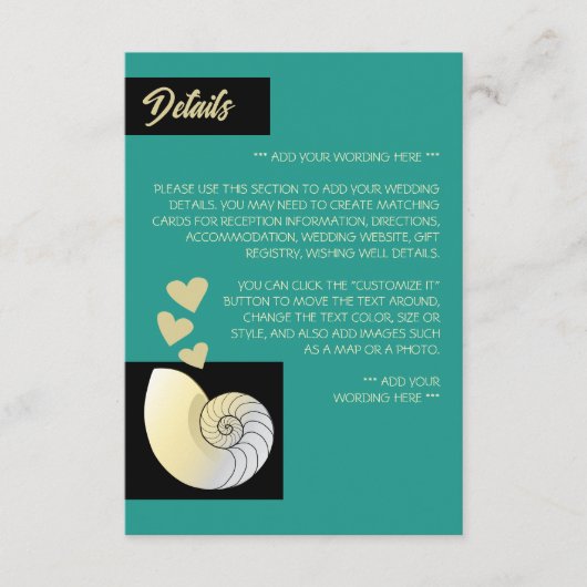 Seashell and Hearts, Details zur Hochzeit am Stran Begleitkarte (Vorderseite)