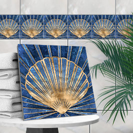 Seashell Art Déco - Blauer Marmor und Gold Fliese