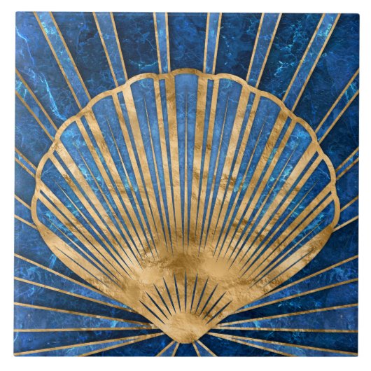 Seashell Art Déco - Blauer Marmor und Gold Fliese (Vorderseite)