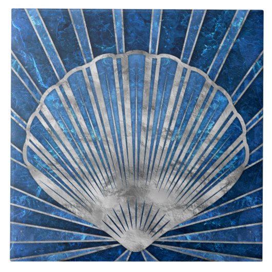 Seashell Art Deco - Blauer Marmor und Silber Fliese (Vorderseite)