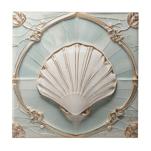 Seashell Art Nouveau Imitats Relief Mini Blue & Go Fliese (Vorderseite)