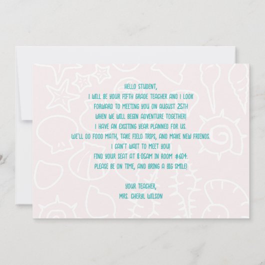 Seashell Art Welcome to Class Teacher Message Card Einladung (Rückseite)