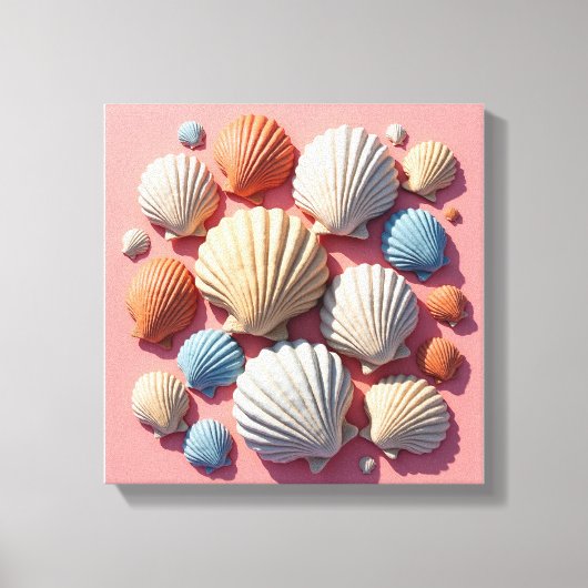 Seashell Assortiment auf Soft Pink Leinwand Art (Vorderseite)