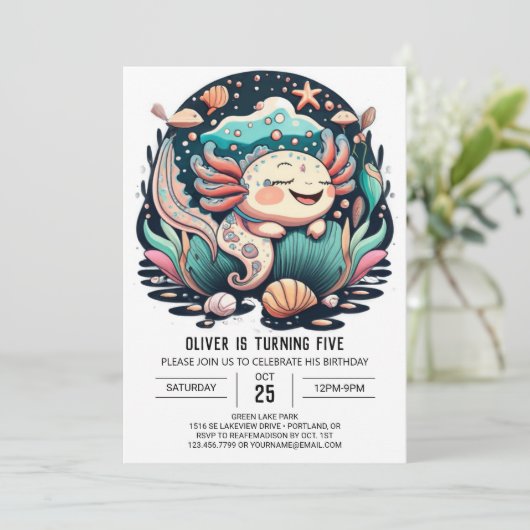 Seashell Axolotl Birthday Einladung (Stehend Vorderseite)