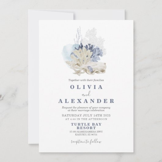 Seashell Beach Blue Hochzeit Einladung (Vorderseite)
