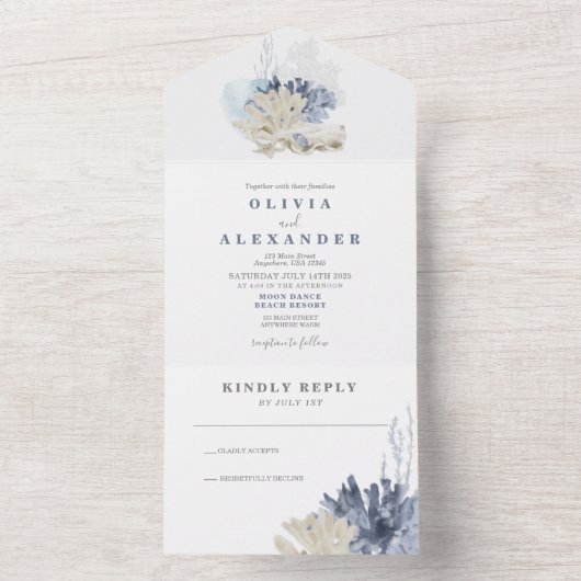 Seashell Beach Blue Hochzeit Einladung (Innen Boden)