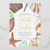 Seashell Beach Brautparty Gold Folieneinladung (Vorderseite)