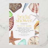 Seashell Beach Brautparty Gold Folieneinladung (Vorderseite)