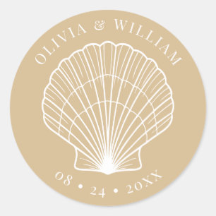 Seashell Beach Coastal Beige Wedding Runder Aufkleber