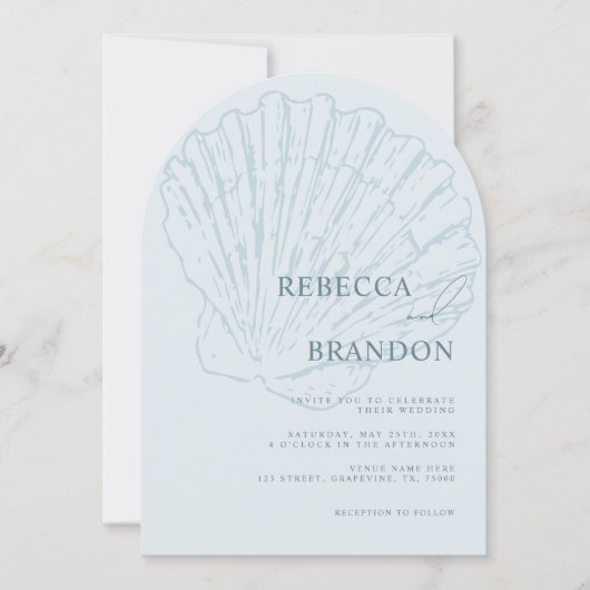 Seashell Beach Coastal Blue QR Code Arch Wedding Einladung (Vorderseite)