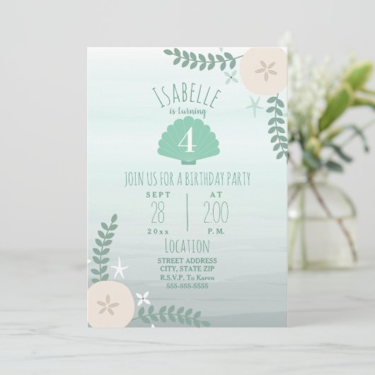 Seashell Beach Geburtstagsparty Einladung (Stehend Vorderseite)