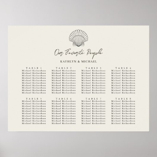 Seashell Beach Ocean Wedding 8 Table Seating Chart Poster (Vorne)