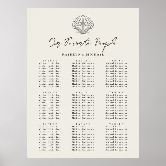 Seashell Beach Ocean Wedding 9 Table Seating Chart Poster (Vorne)